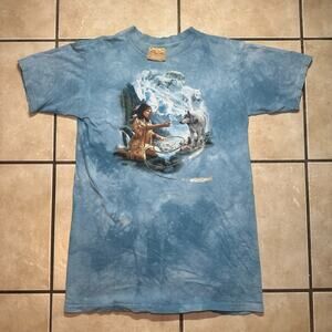 Vintage The Mountain 2001 Native American Blue Tie Dye Graphic Tee Mens S/M READ